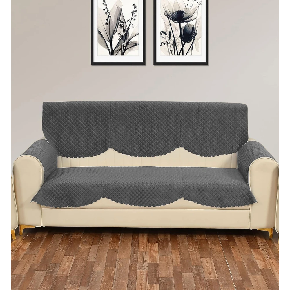 RADECOR ATICUE Solid Color Premium Quilted Sofa Cover Set Sofa Slip Covers/Velvet Sofa Panel (Dark Grey, 3 Seater + Arm Cover)
