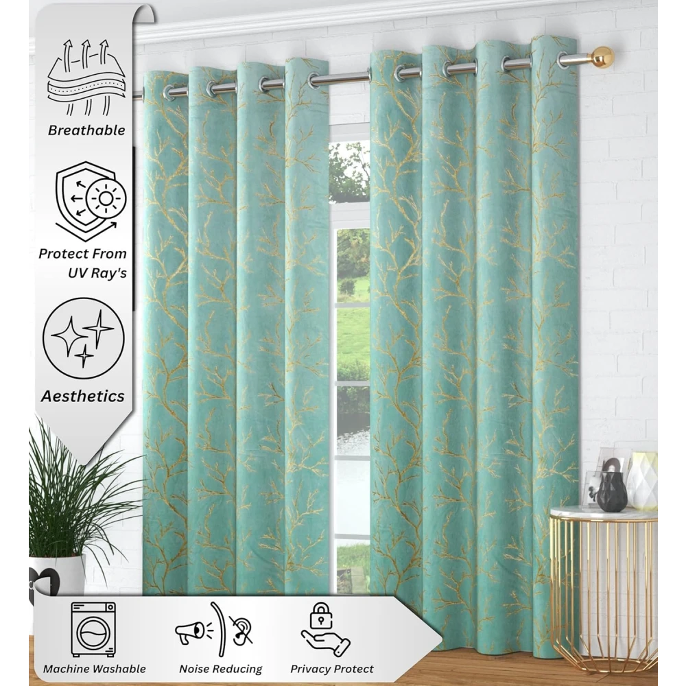 RADECOR Velvet 9ft Door & Window Curtain | Luxury Soft Fabric | Room Darkening | Noise Reducing | Machine Washable | Modern Home Décor/Island Aqua/Pack of 2