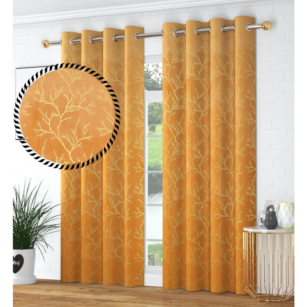 RADECOR Velvet 7ft Door & Window Curtain | Luxury Soft Fabric | Room Darkening | Noise Reducing | Machine Washable | Modern Home Décor/Gold/Pack of 2