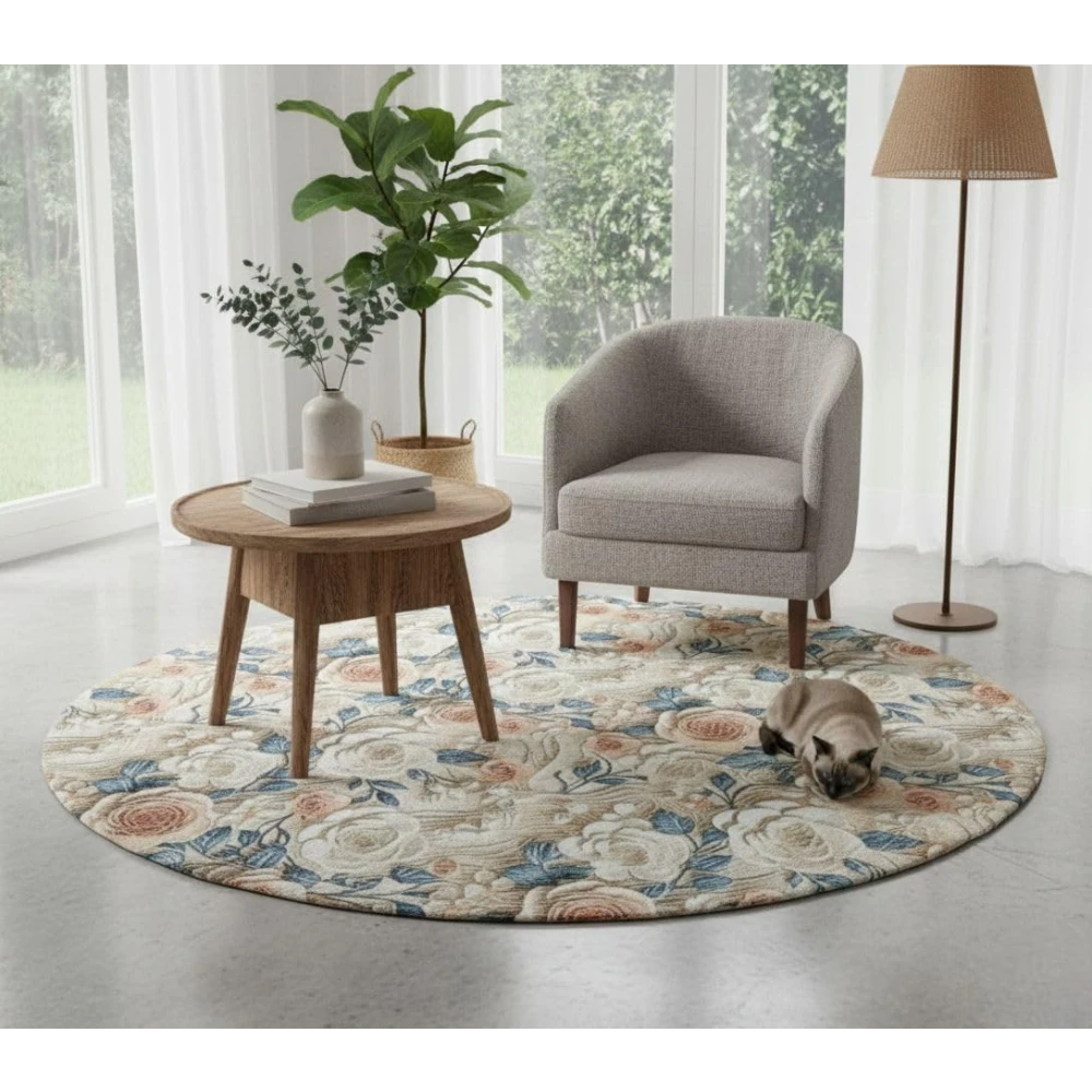 RADECOR Rose Garden Round Carpet | Floral Printed Round Rug for Living Room, Bedroom & Home Décor | Elegant Flower Design Decorative Floor Carpet