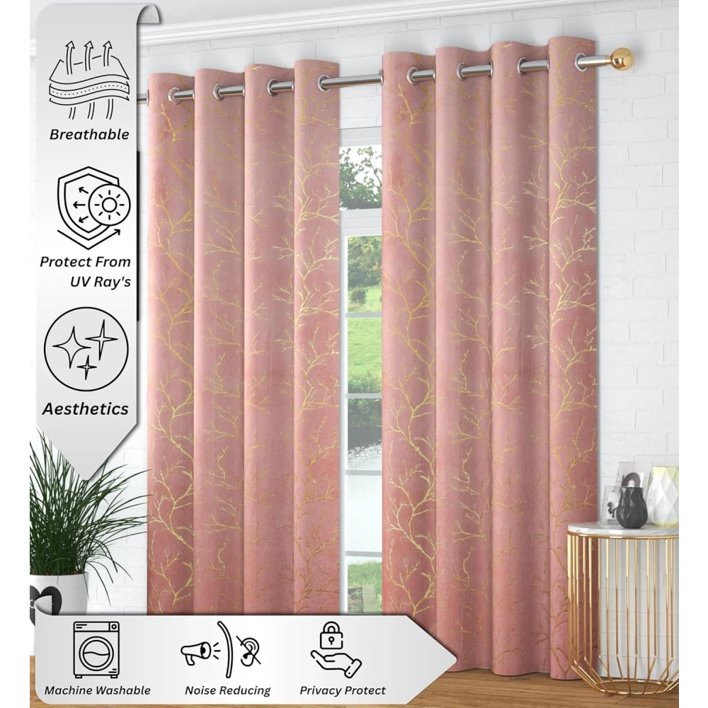 RADECOR Velvet 9ft Door & Window Curtain | Luxury Soft Fabric | Room Darkening | Noise Reducing | Machine Washable | Modern Home Décor/Pink/Pack of 2
