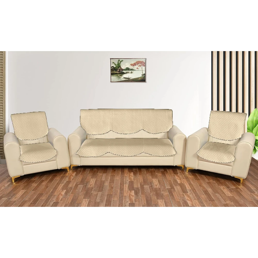 RADECOR ATICUE Solid Color Premium Quilted Sofa Cover Set Sofa Slip Covers/Velvet Sofa Panel (Beige, 5 Seater)