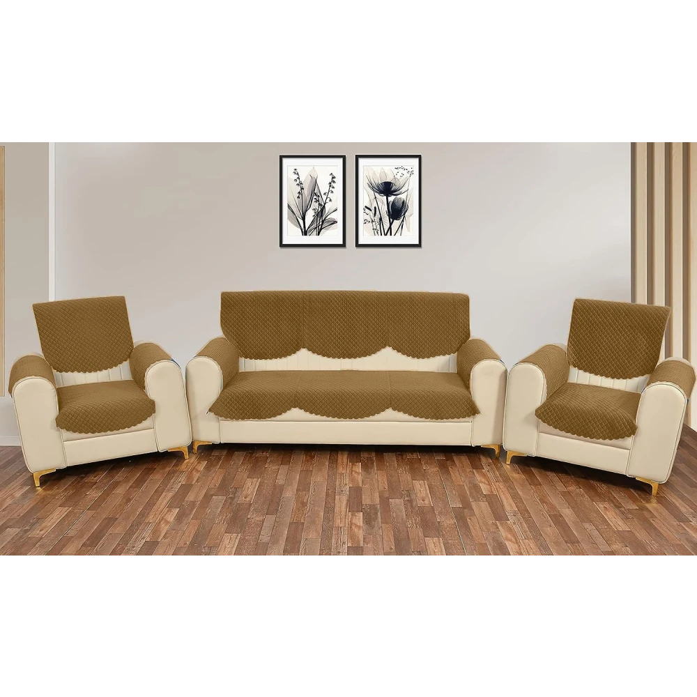 RADECOR ATICUE Solid Color Premium Quilted Sofa Cover Set Sofa Slip Covers/Velvet Sofa Panel (Gold, 5 Seater + Arm Cover)