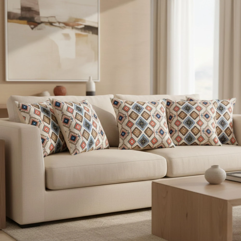 RADECOR Ethnic Geo Diamond Pattern Cushion Cover Set of 5 | 16x16 Inches Square Covers | Premium Poly Spun Fabric | Hidden Zipper | Modern Decorative Cushion Covers for Sofa, Living Room & Bedroom