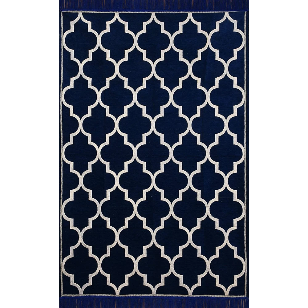 RADECOR Geometric Design Sleek and Spacious Rectangular Chenille Carpet with Binding | Area Rug | Durries for Living Room, Bedroom |5X7 Feet (210 Cmx152 Cm) Blue