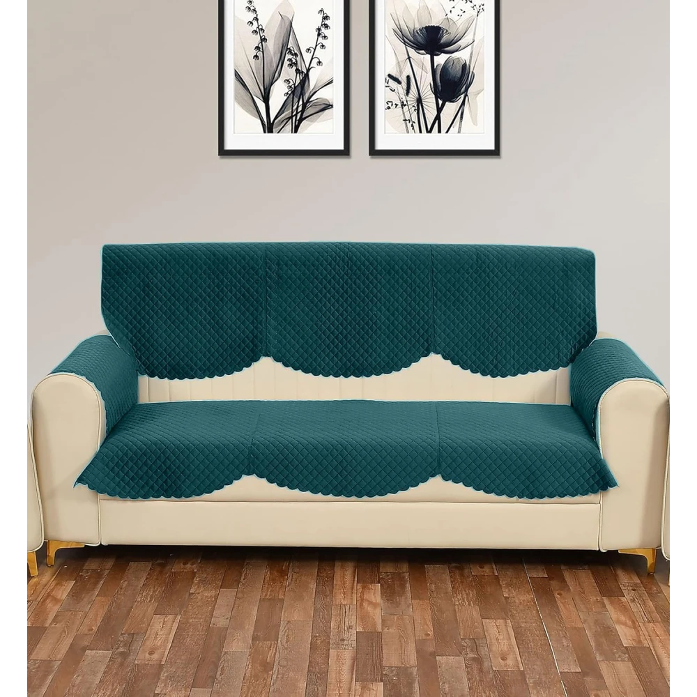 RADECOR ATICUE Solid Color Premium Quilted Sofa Cover Set Sofa Slip Covers/Velvet Sofa Panel (Teal Green, 3 Seater + Arm Cover)