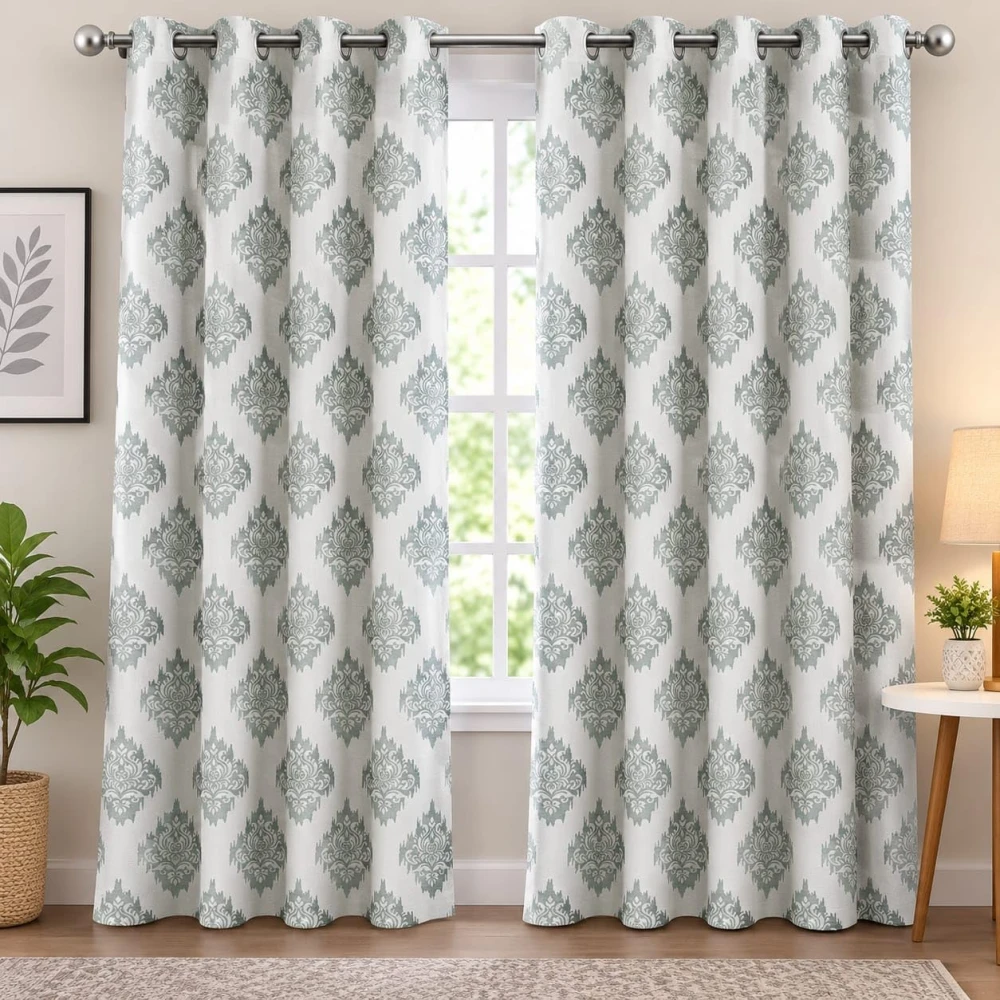 RADECOR Damash Ikat Print 9ft Window Curtain for Living Room & Bedroom | Premium Polyester Eyelet Curtain | Room Darkening Decorative Curtain/Grey/Pack of 2