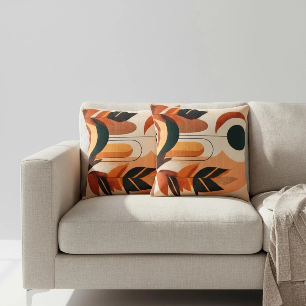 RADECOR Abstract Autumn Leaves Cushion Cover Set of 3 | 16x16 Inches Square Covers | Premium Poly Spun Fabric | Hidden Zipper | Modern Decorative Cushion Covers for Sofa, Living Room & Bedroom