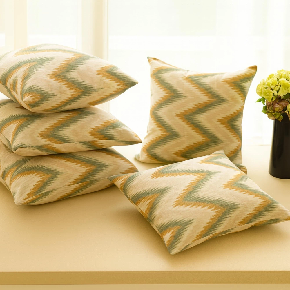 RADECOR Earth Tone Ikat Zigzag Pattern Cushion Cover Set of 2 | 16x16 Inche Square Covers | Premium Poly Spun Fabric | Hidden Zipper | Modern Decorative Cushion Covers for Sofa, Living Room & Bedroom