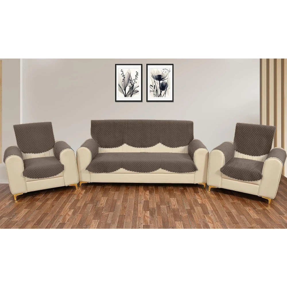 RADECOR ATICUE Solid Color Premium Quilted Sofa Cover Set Sofa Slip Covers/Velvet Sofa Panel (Mouse, 5 Seater + Arm Cover)