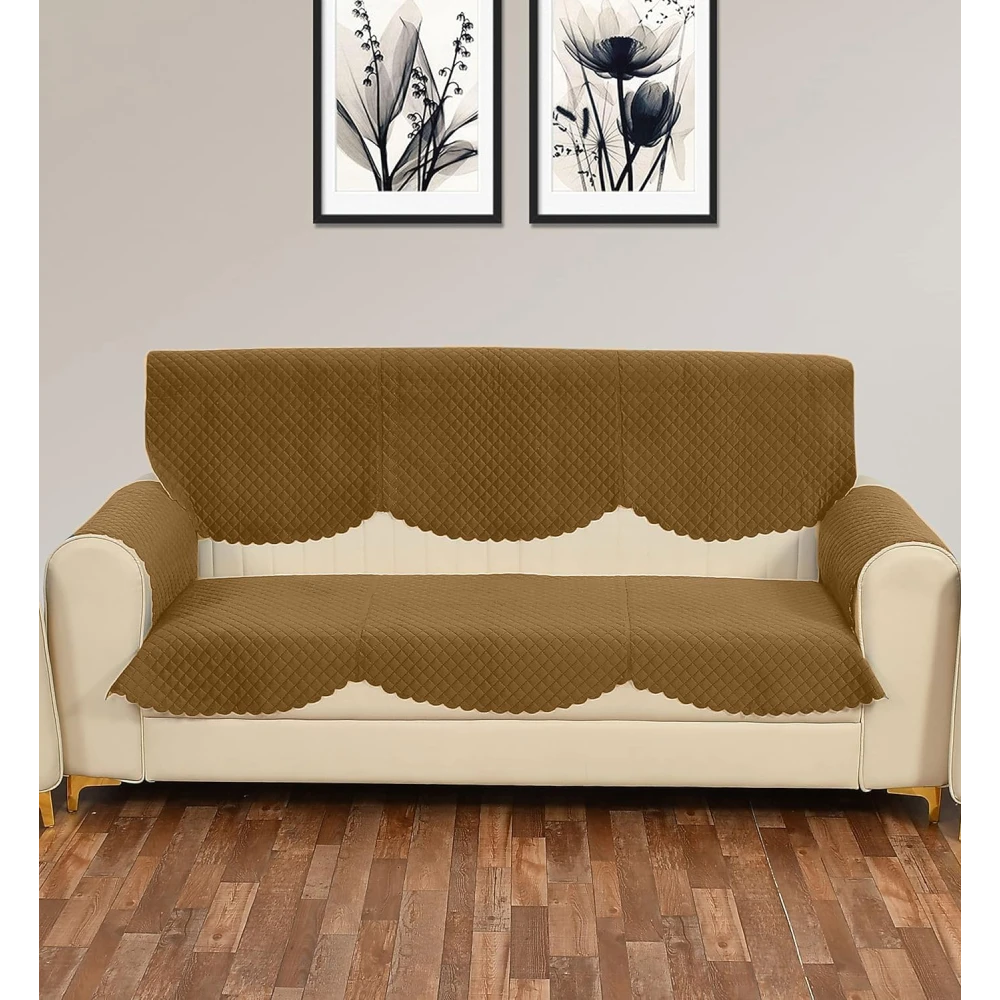 RADECOR ATICUE Solid Color Premium Quilted Sofa Cover Set Sofa Slip Covers/Velvet Sofa Panel (Gold, 3 Seater + Arm Cover)