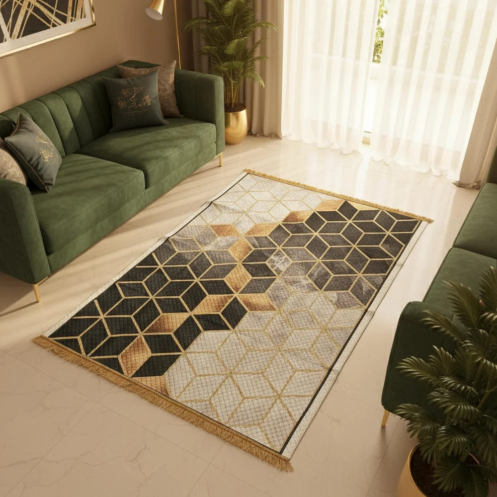 RADECOR Geometric Luxe Cube Printed Carpet | Modern 3D Cube Design Polyester Area Rug | Stylish Decorative Floor Carpet for Living Room & Bedroom