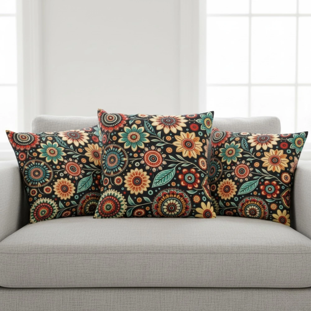 RADECOR Folk Bloom Floral Cushion Cover Set of 3 | 16x16 Inches Square Covers | Premium Poly Spun Fabric | Hidden Zipper | Modern Decorative Cushion Covers for Sofa, Living Room & Bedroom
