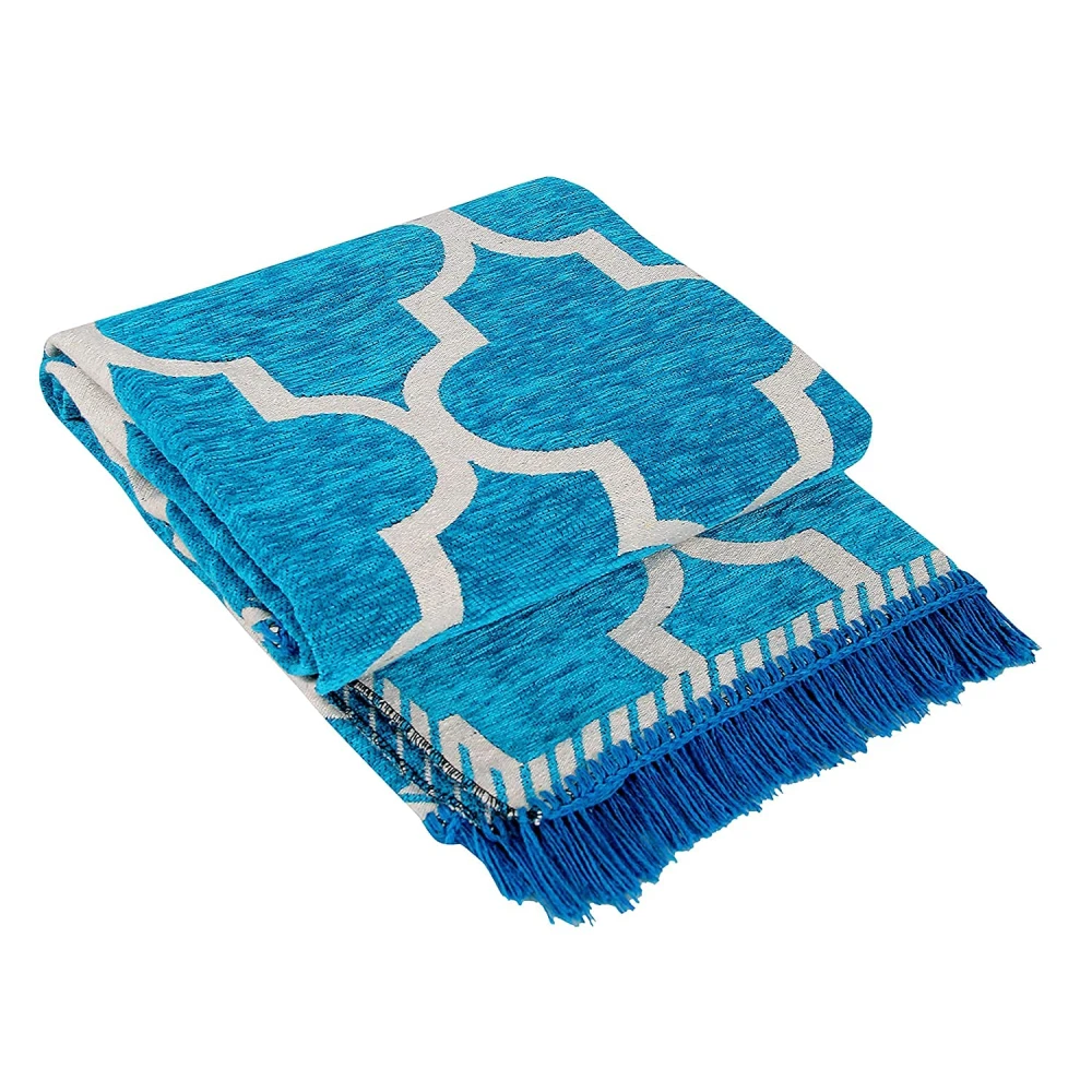 RADECOR Geometric Design Sleek and Spacious Rectangular Chenille Carpet with Binding | Area Rug | Durries for Living Room, Bedroom |5X7 Feet (210 Cmx152 Cm) Aqua