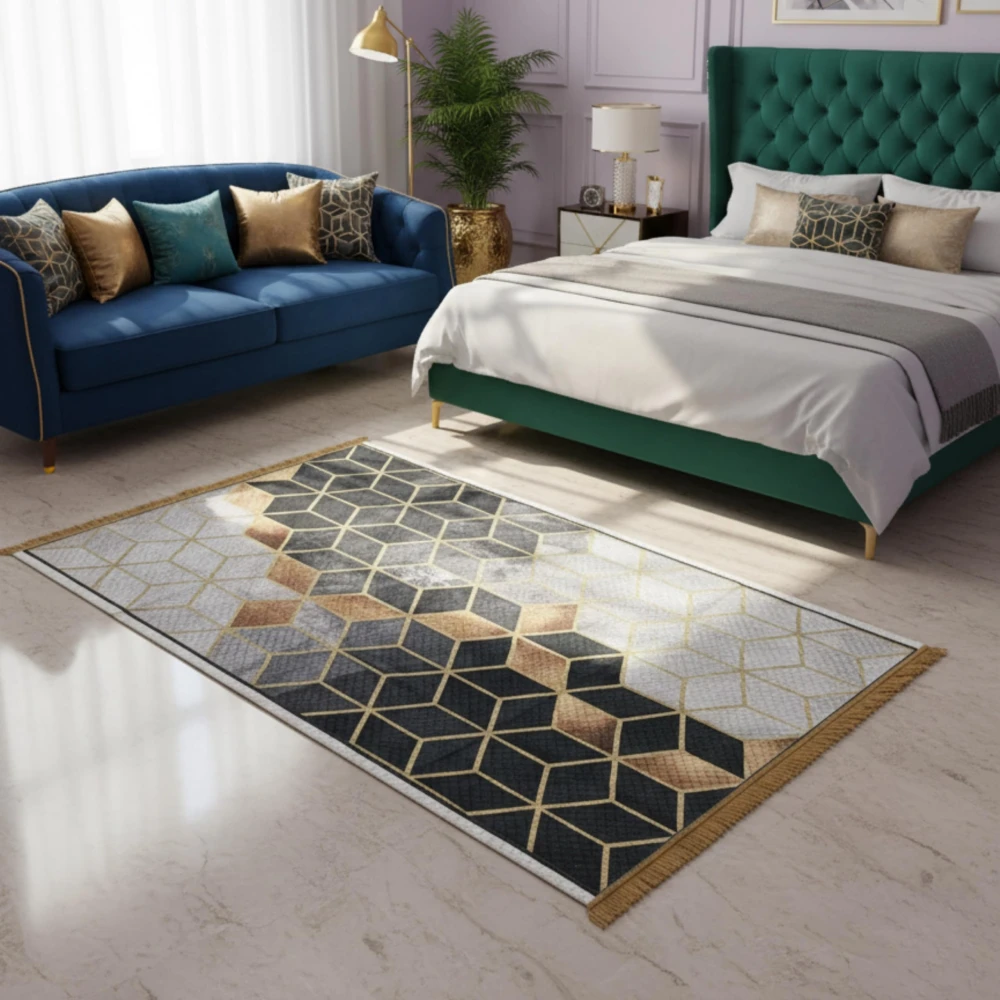 RADECOR Geometric Luxe Cube Printed Carpet | Modern 3D Cube Design Polyester Area Rug | Stylish Decorative Floor Carpet for Living Room & Bedroom