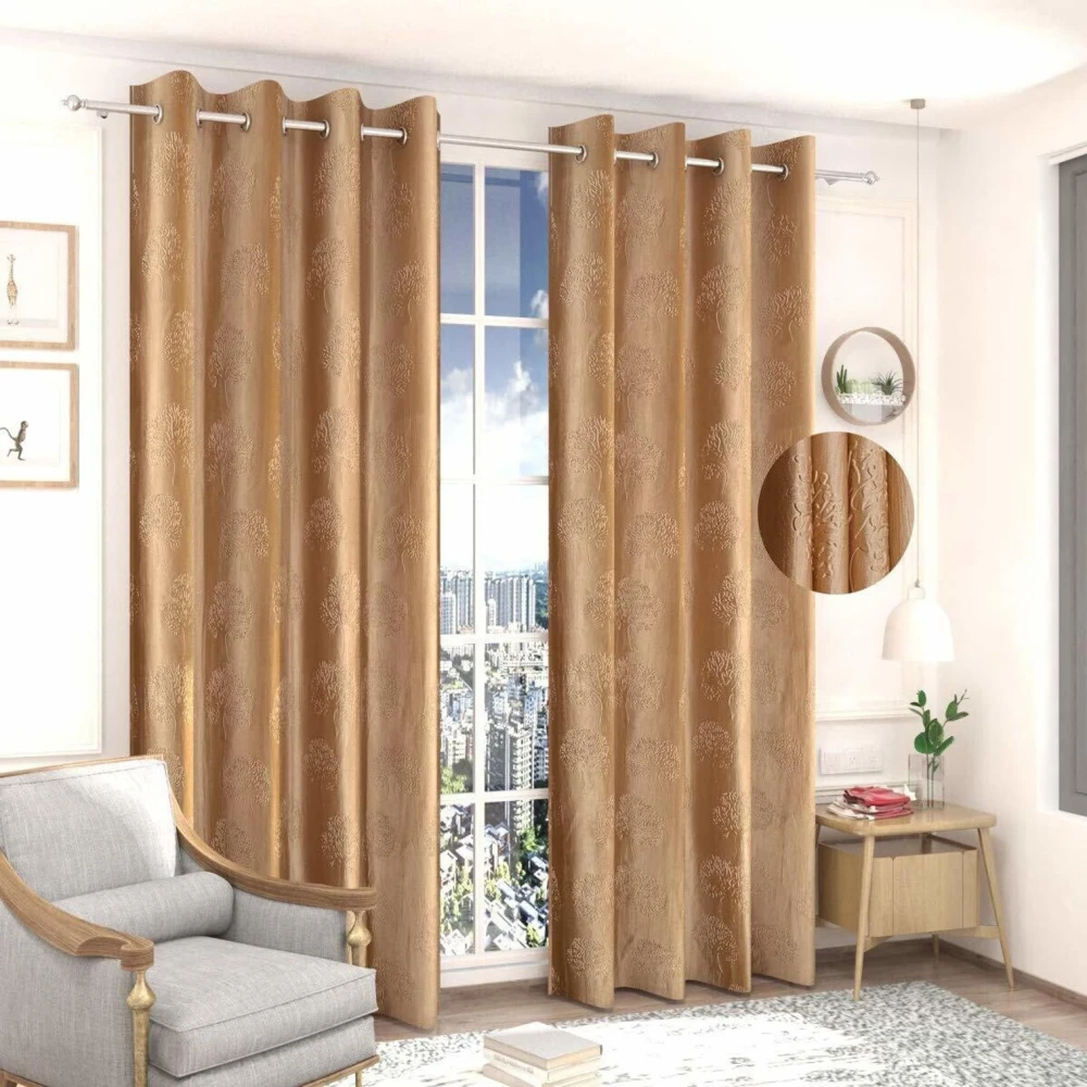 RADECOR Modern Tree Punch Print 9ft Polyester Curtain | Eyelet Window & Door Curtain for Living Room, Bedroom & Office | Elegant Home Décor/Golden/Pack of 2