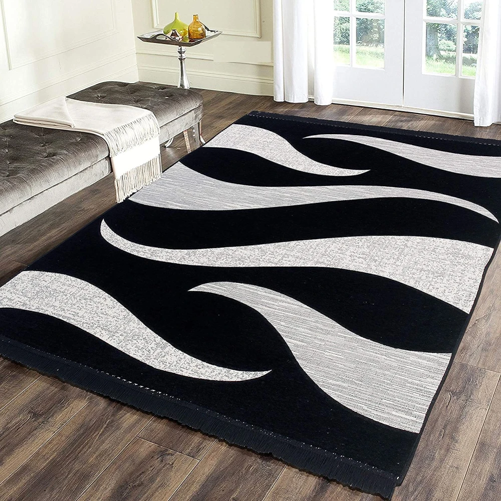 RADECOR Wave Design Rectangular Chenille Carpet, Black, 5X7 Feet