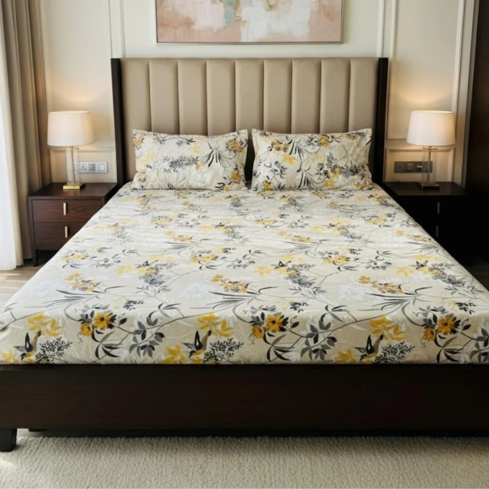 RADECOR Premium Polycotton Floral Yellow-White Bedsheet with 2 Pillow Covers | Soft & Breathable Fabric | Machine Washable | Queen Size | Ideal for Daily Use