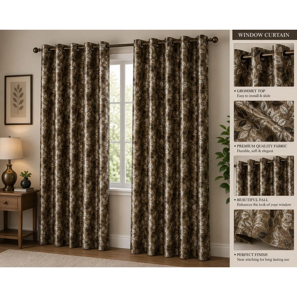 RADECOR Flower Patti Lehar Printed 7ft Window Curtain for Living Room & Bedroom | Premium Polyester Eyelet Curtain | Room Darkening Decorative Curtain | Elegant Leaf Design/Brown/Pack of 2