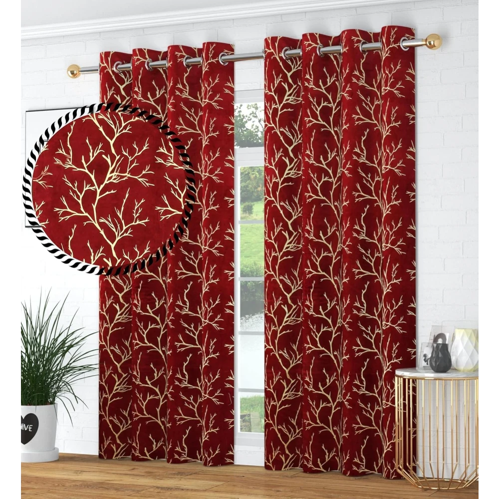 RADECOR Velvet 5ft Door & Window Curtain | Luxury Soft Fabric | Room Darkening | Noise Reducing | Machine Washable | Modern Home Décor/Maroon/Pack of 2