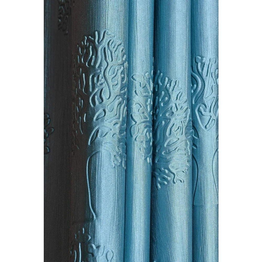 RADECOR Modern Tree Punch Print 7ft Polyester Curtain | Eyelet Window & Door Curtain for Living Room, Bedroom & Office | Elegant Home Décor/Aqua/Pack of 2