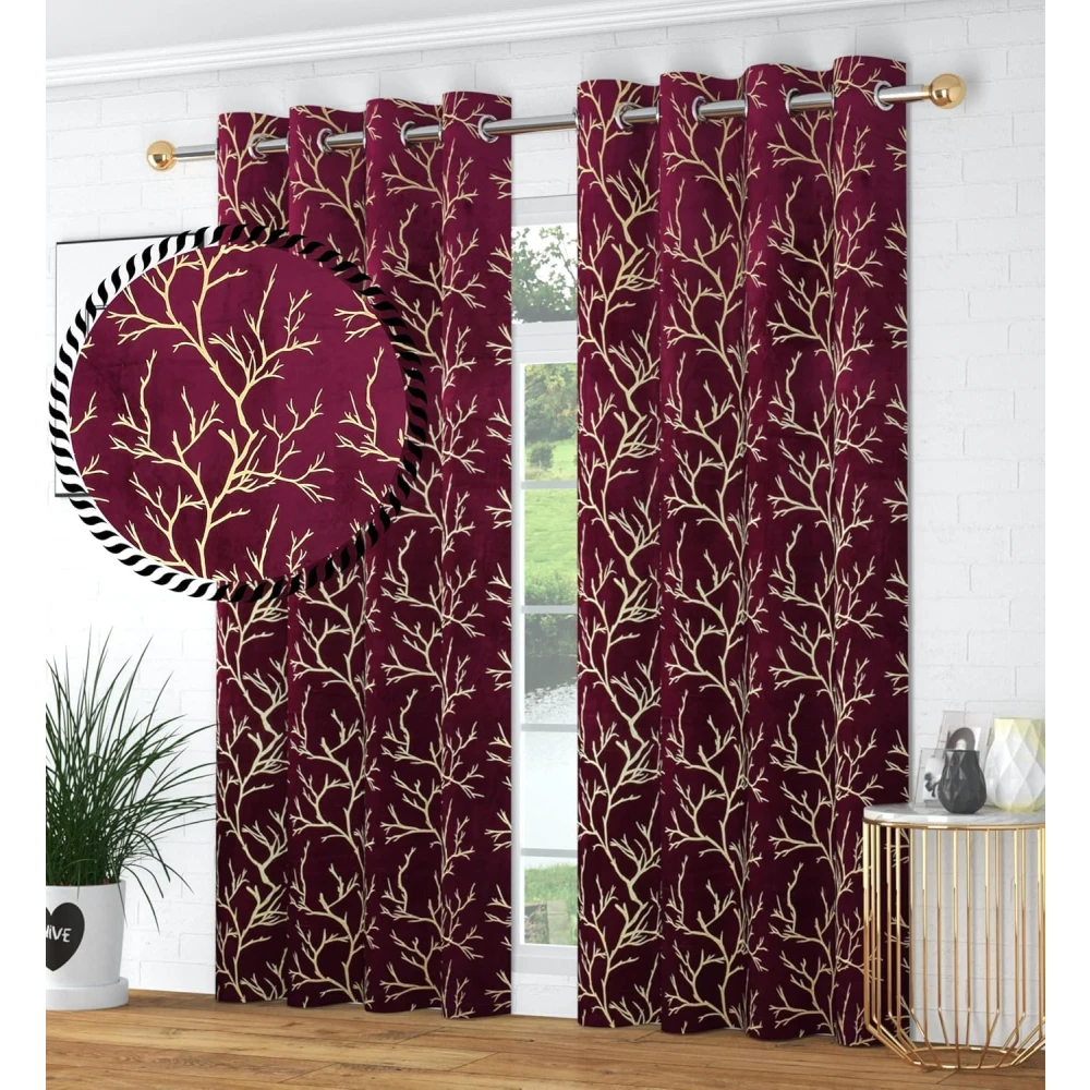 RADECOR Velvet 7ft Door & Window Curtain | Luxury Soft Fabric | Room Darkening | Noise Reducing | Machine Washable | Modern Home Décor/Wine/Pack of 2