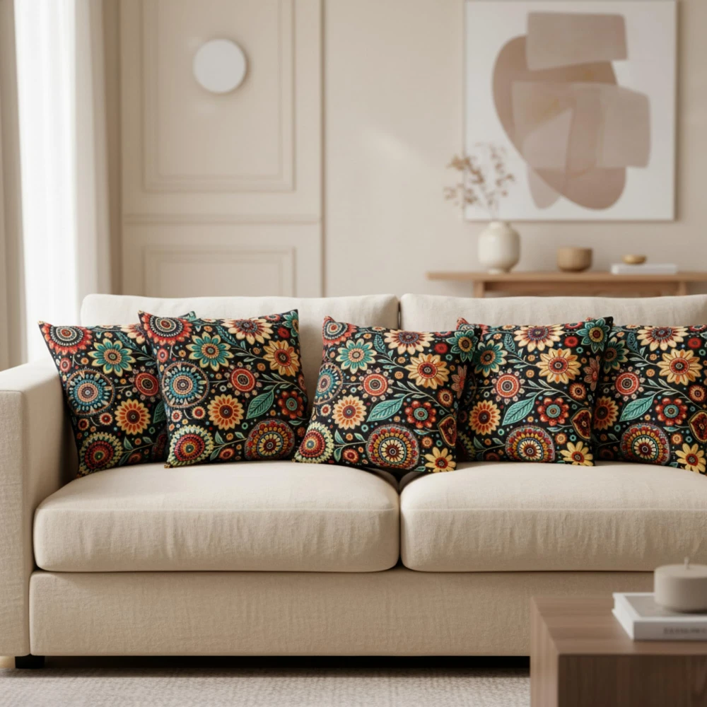 RADECOR Folk Bloom Floral Cushion Cover Set of 2 | 16x16 Inches Square Covers | Premium Poly Spun Fabric | Hidden Zipper | Modern Decorative Cushion Covers for Sofa, Living Room & Bedroom