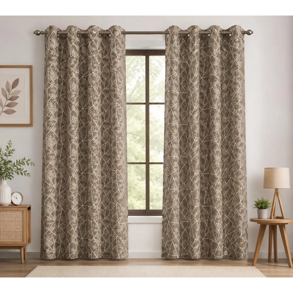 RADECOR Geometric Pattern 7ft Polyester Eyelet Curtain | Modern Window & Door Curtain for Living Room, Bedroom & Office | Decorative Curtain Panel/Brown/Pack of 2