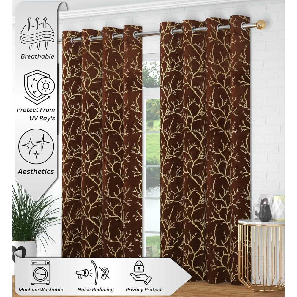 RADECOR Velvet 7ft Door & Window Curtain | Luxury Soft Fabric | Room Darkening | Noise Reducing | Machine Washable | Modern Home Décor/Brown/Pack of 2