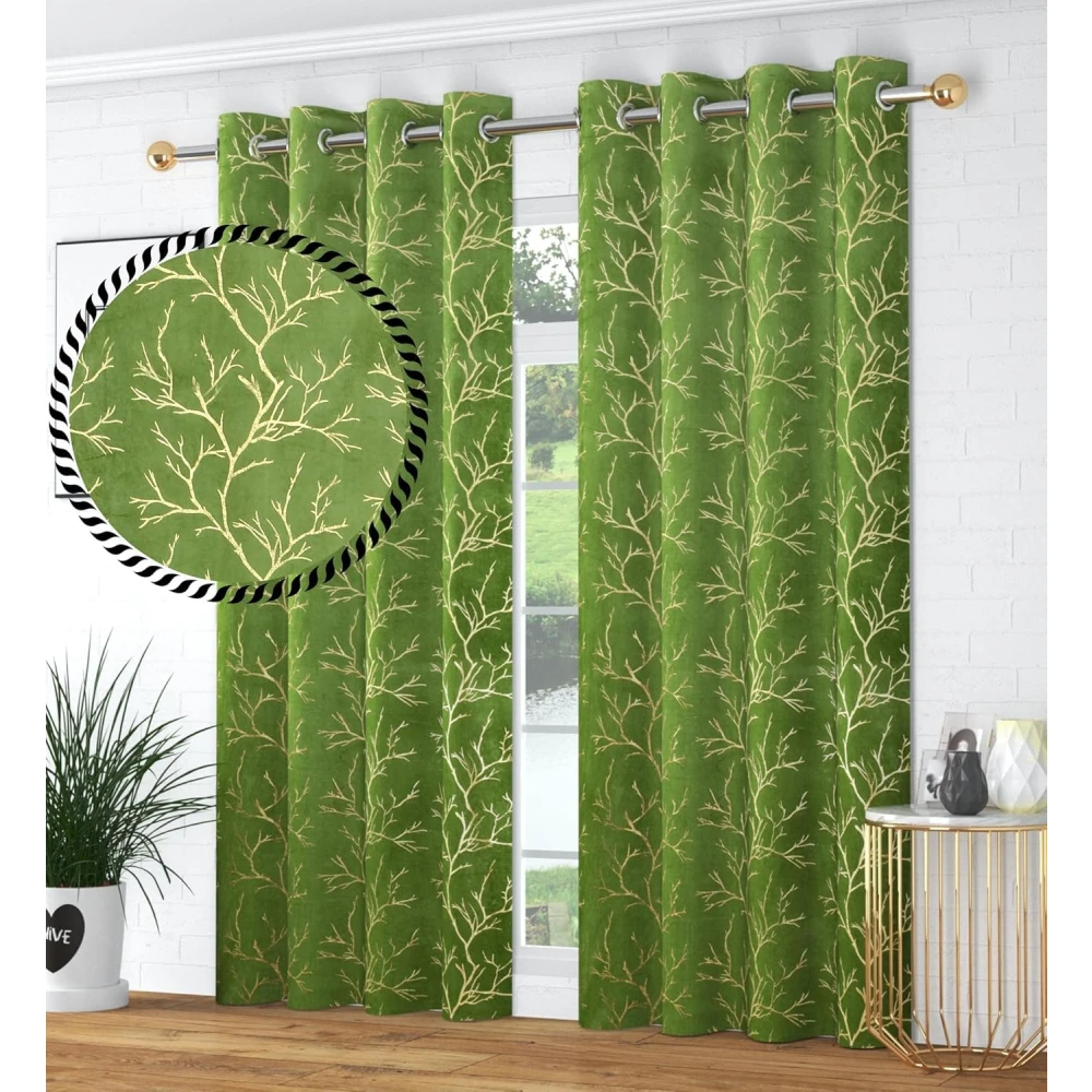 RADECOR Velvet 5ft Door & Window Curtain | Luxury Soft Fabric | Room Darkening | Noise Reducing | Machine Washable | Modern Home Décor/Green/Pack of 2