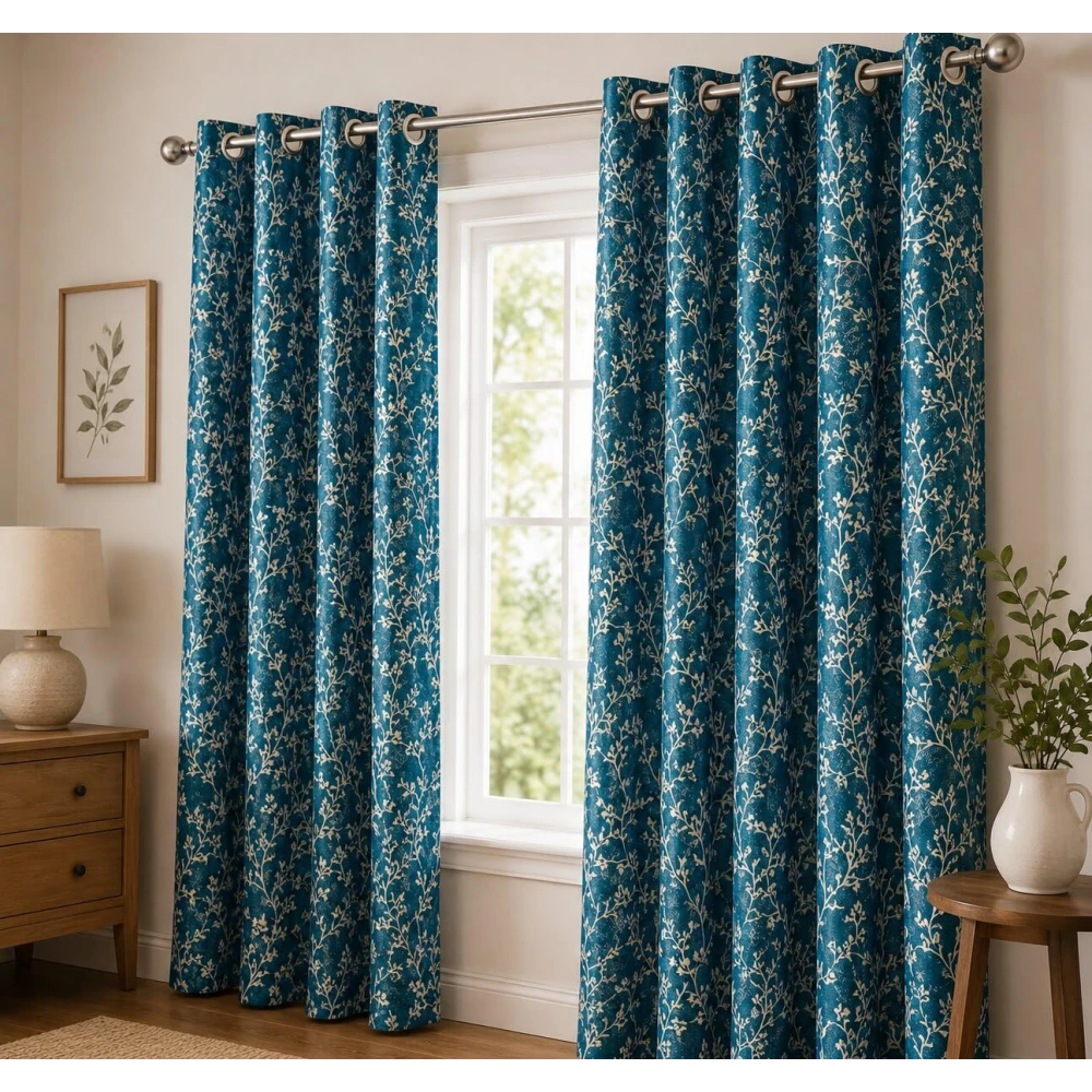 RADECOR Floral Print 9ft Window Curtain for Living Room & Bedroom | Premium Polyester Eyelet Curtain | Room Darkening Decorative Curtain Panel | Modern Home Décor/Aqua/Pack of 2