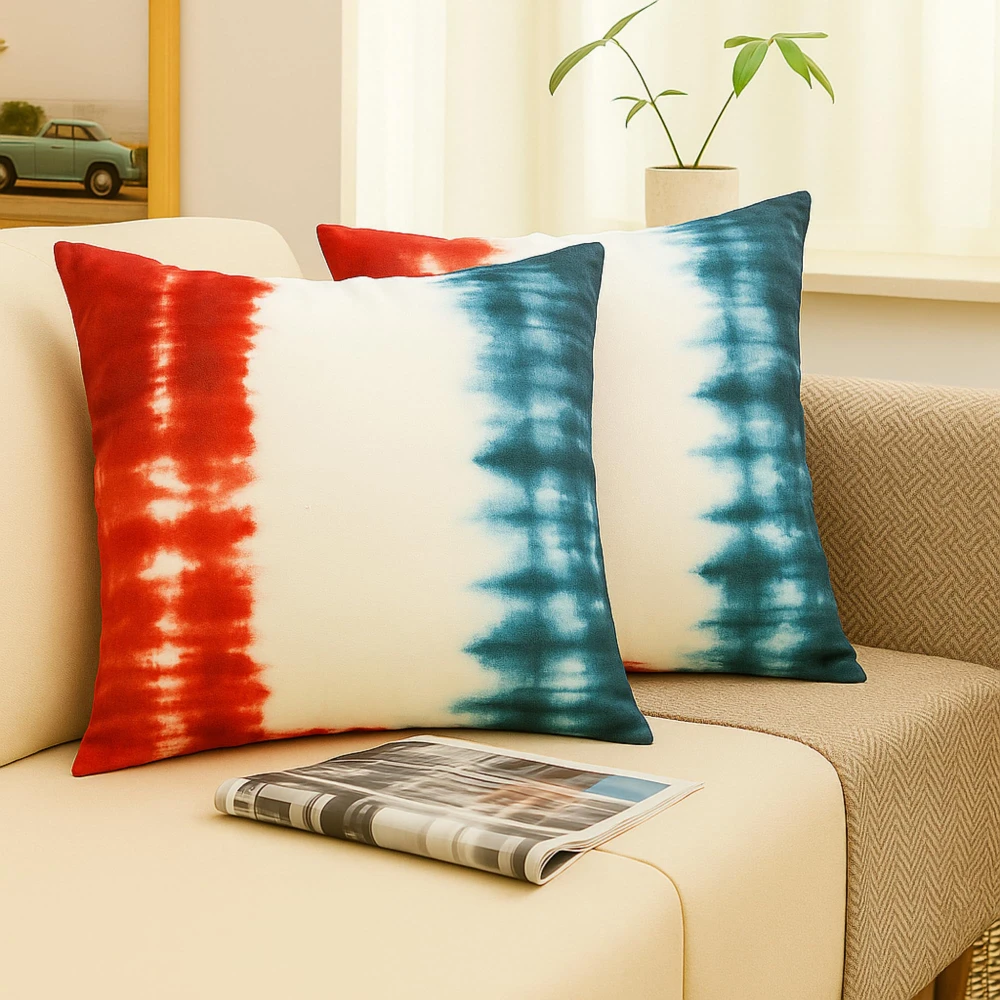 RADECOR Indigo Sunset Tie- Dye Cushion Cover Set of 2 | 16x16 Inches Square Covers | Premium Poly Spun Fabric | Hidden Zipper | Modern Decorative Cushion Covers for Sofa, Living Room & Bedroom