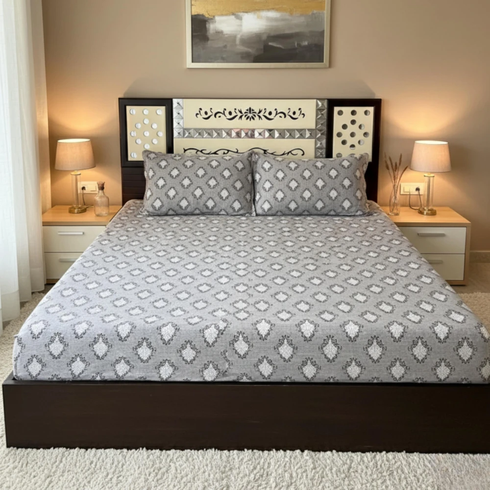 RADECOR Premium Polycotton Diamond Grey Bedsheet with 2 Pillow Covers | Soft & Breathable Fabric | Machine Washable | King Size | Ideal for Daily Use