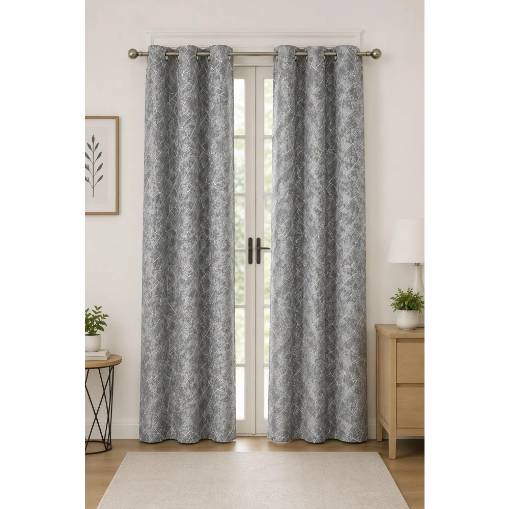 RADECOR Geometric Pattern 5ft Polyester Eyelet Curtain | Modern Window & Door Curtain for Living Room, Bedroom & Office | Decorative Curtain Panel/Grey/Pack of 2