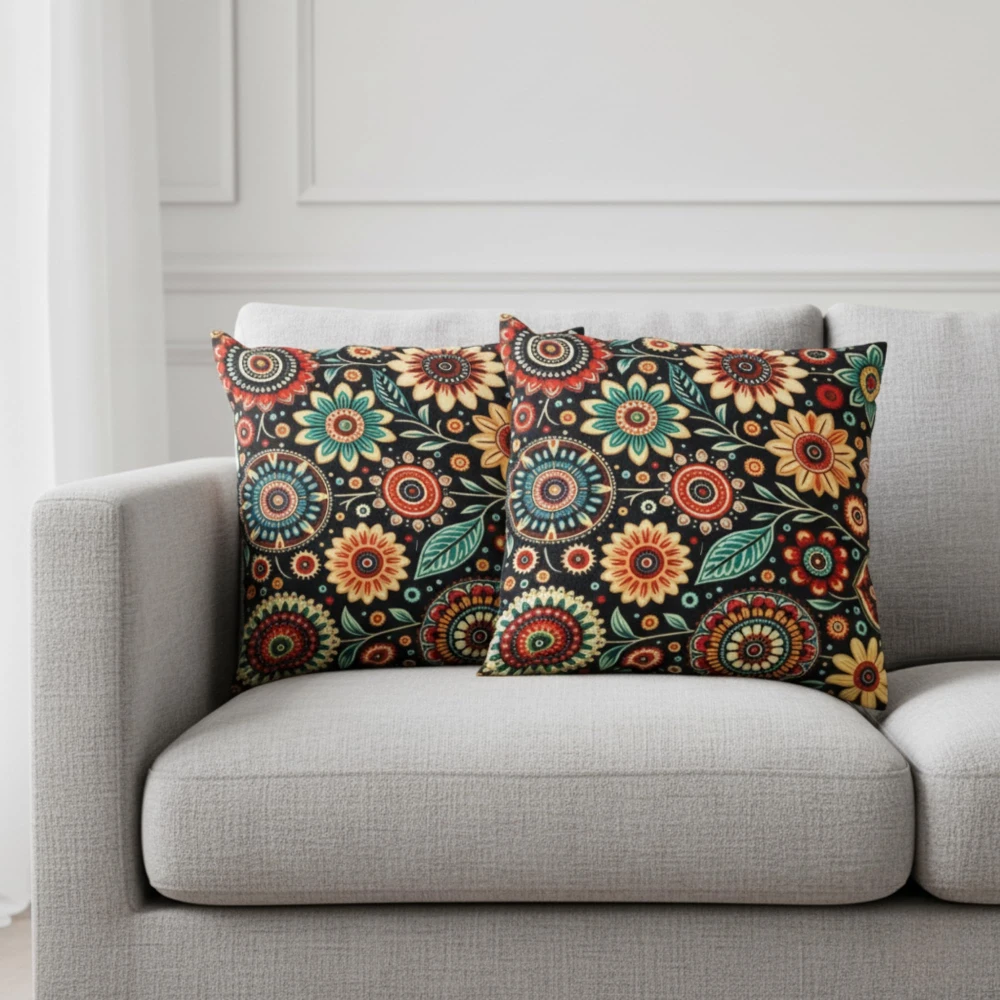 RADECOR Folk Bloom Floral Cushion Cover Set of 2 | 16x16 Inches Square Covers | Premium Poly Spun Fabric | Hidden Zipper | Modern Decorative Cushion Covers for Sofa, Living Room & Bedroom