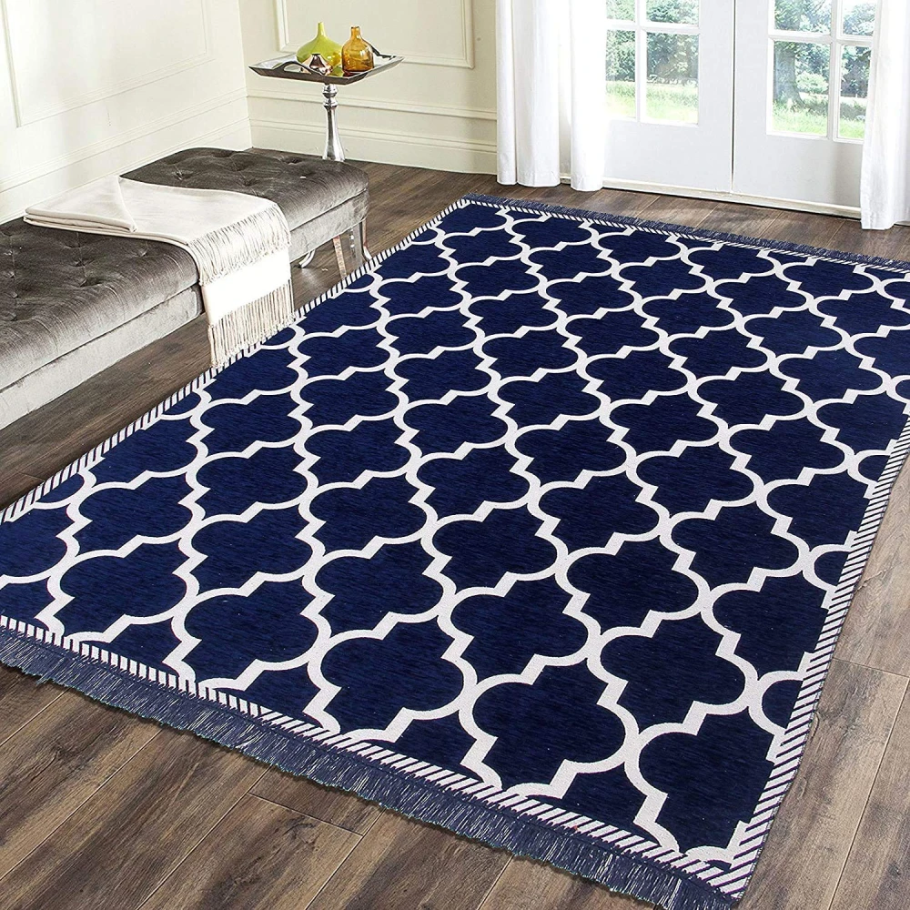 RADECOR Geometric Rectangular Chenille Carpet, Navy Blue, 5X7 Feet