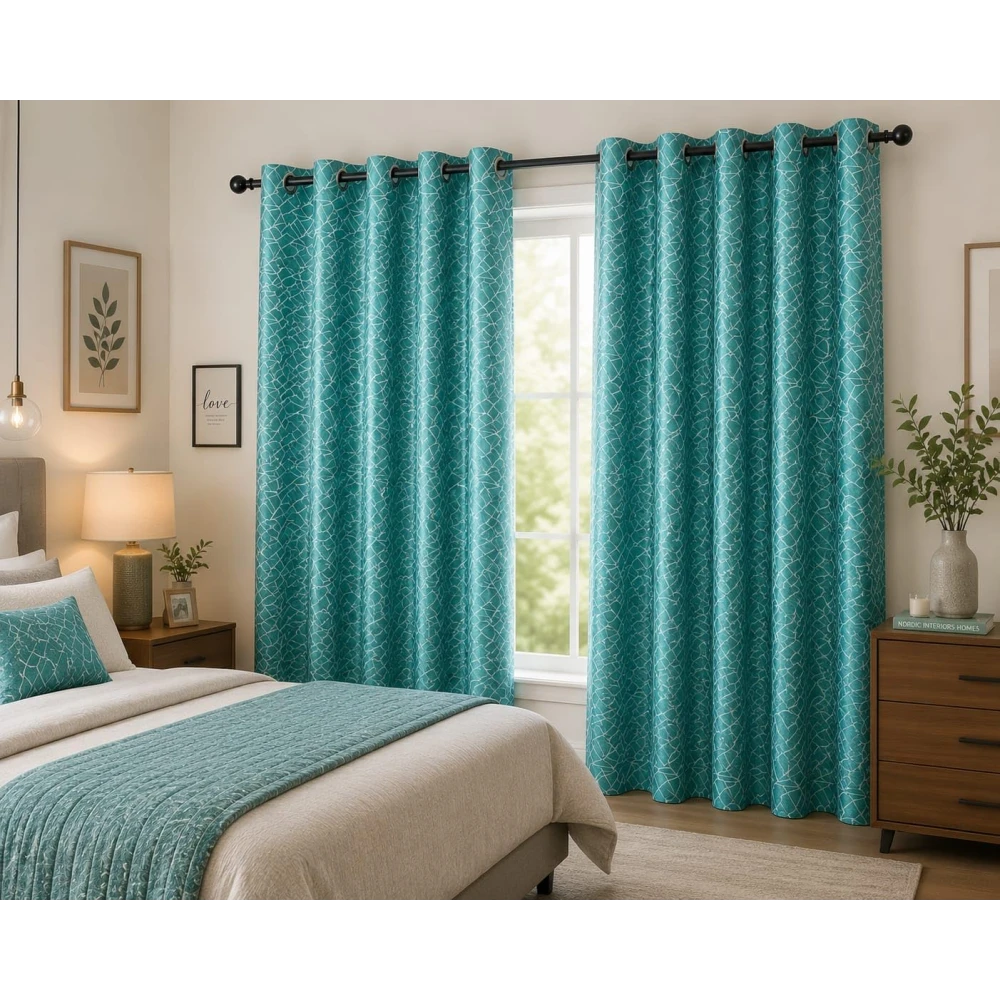 RADECOR Geometric Pattern 9ft Polyester Eyelet Curtain | Modern Window & Door Curtain for Living Room, Bedroom & Office | Decorative Curtain Panel/Teal Aqua/Pack of 2
