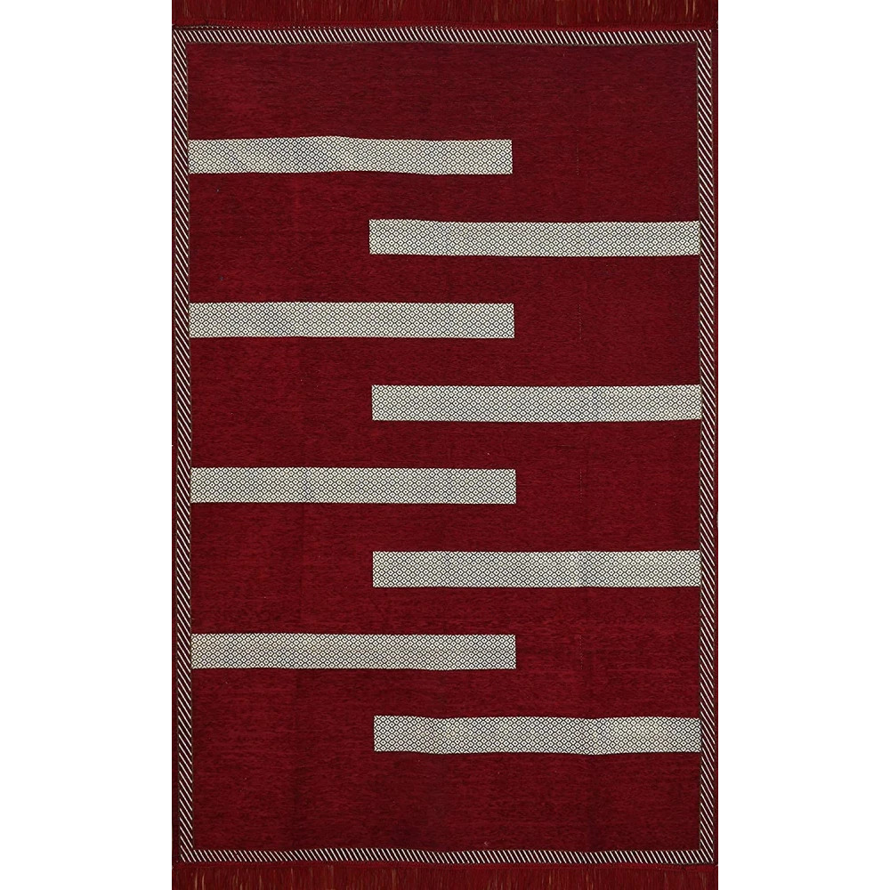 RADECOR Tile Design Rectangular Chenille Carpet Area Rug, Maroon, 5X7 Feet