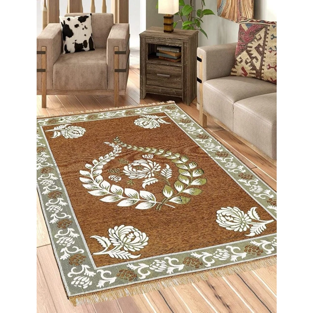 RADECOR Floral Design Rectangular Chenille Carpet, Beige, 5X7 Feet