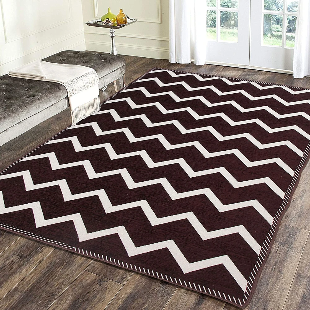 RADECOR Zig Zag Design Sleek and Spacious Rectangular Chenille Carpet with Binding | Area Rug | Durries for Living Room, Bedroom | 5X7 Feet (210 Cmx152 Cm) Brown