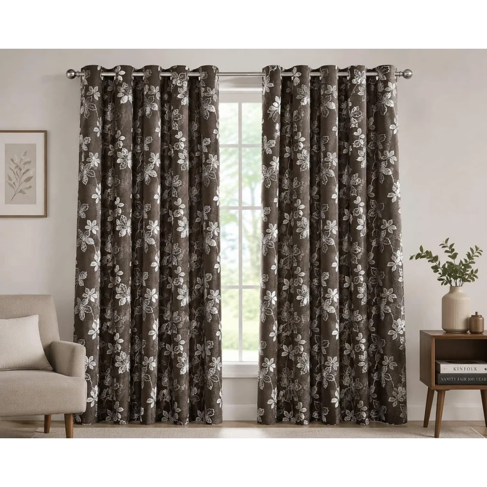 RADECOR Big Flower Printed 7ft Window Curtain for Living Room & Bedroom | Premium Polyester Eyelet Curtain | Room Darkening Decorative Curtain | Modern Floral Design/Brown/Pack of 2