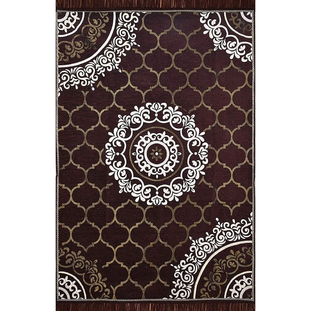 RADECOR World Premium Sleek and Spacious Rectangular Chennille Living Room Carpet with Binding, Area Rug, Durries II (5X7 Feet) (213 Cmx152 Cm) (Brown)