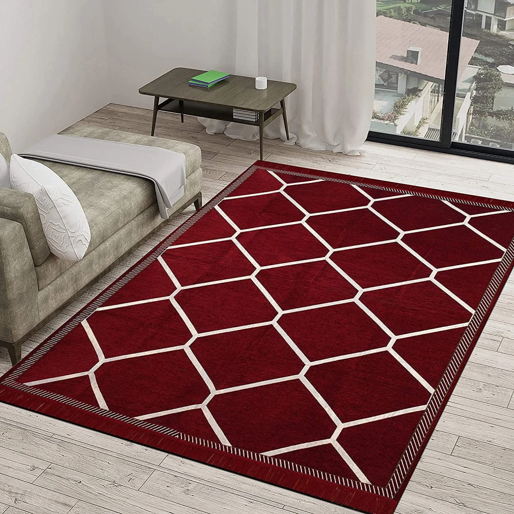 RADECOR Diamond Design Sleek and Spacious Rectangular Chenille Carpet with Binding | Area Rug | Durries for Living Room, Bedroom |5X7 Feet (210 Cmx152 Cm) Maroon