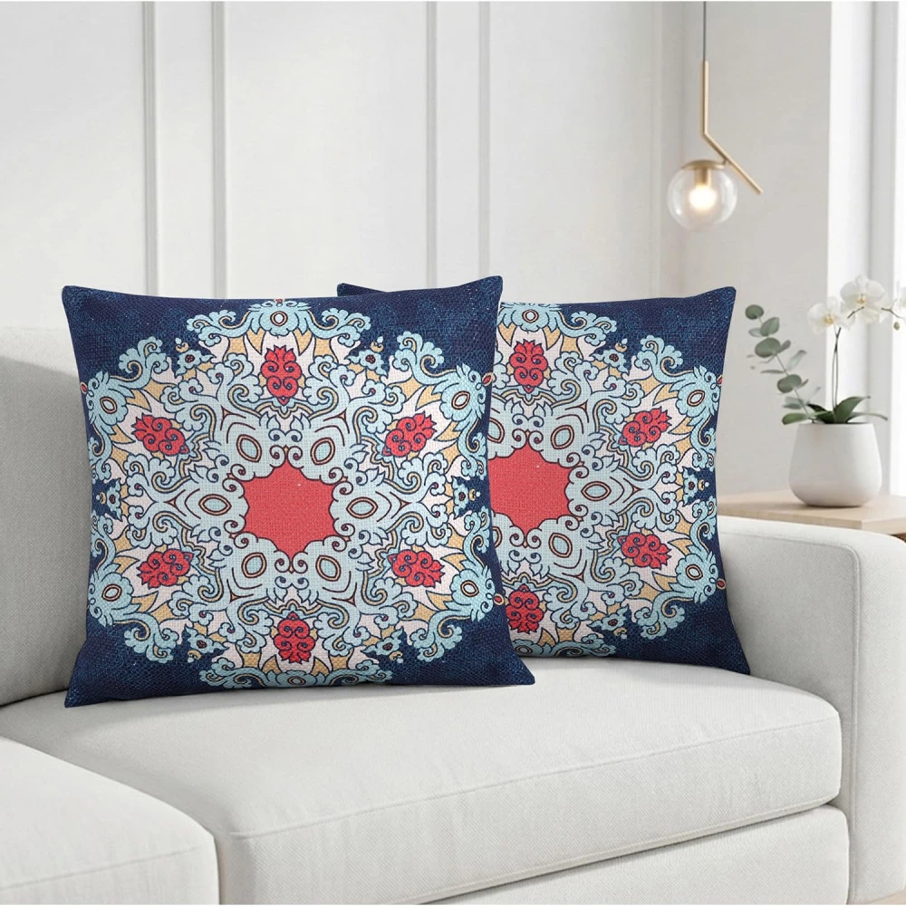 RADECOR Royal Mandala Cushion Cover Set of 2 | 16x16 Inches Square Covers | Premium Poly Spun Fabric | Hidden Zipper | Modern Decorative Cushion Covers for Sofa, Living Room & Bedroom