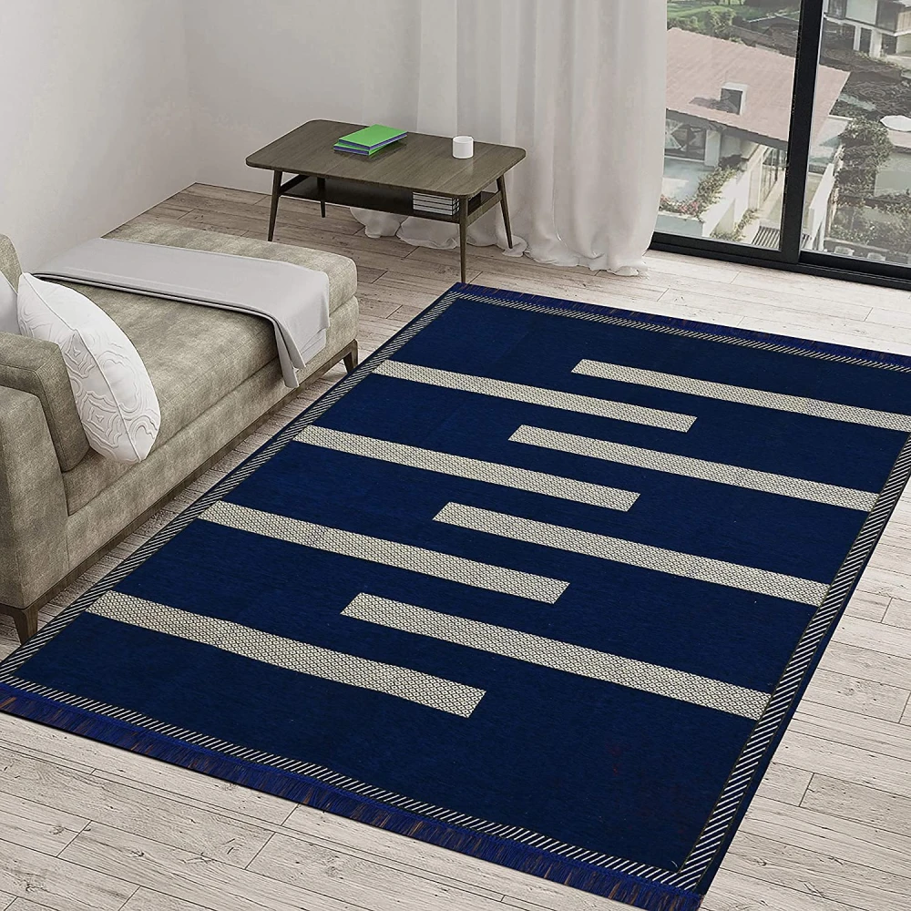 RADECOR Tile Design Sleek and Spacious Rectangular Chenille Carpet with Binding | Area Rug | Durries for Living Room, Bedroom | 5X7 Feet (210 Cmx152 Cm) Blue