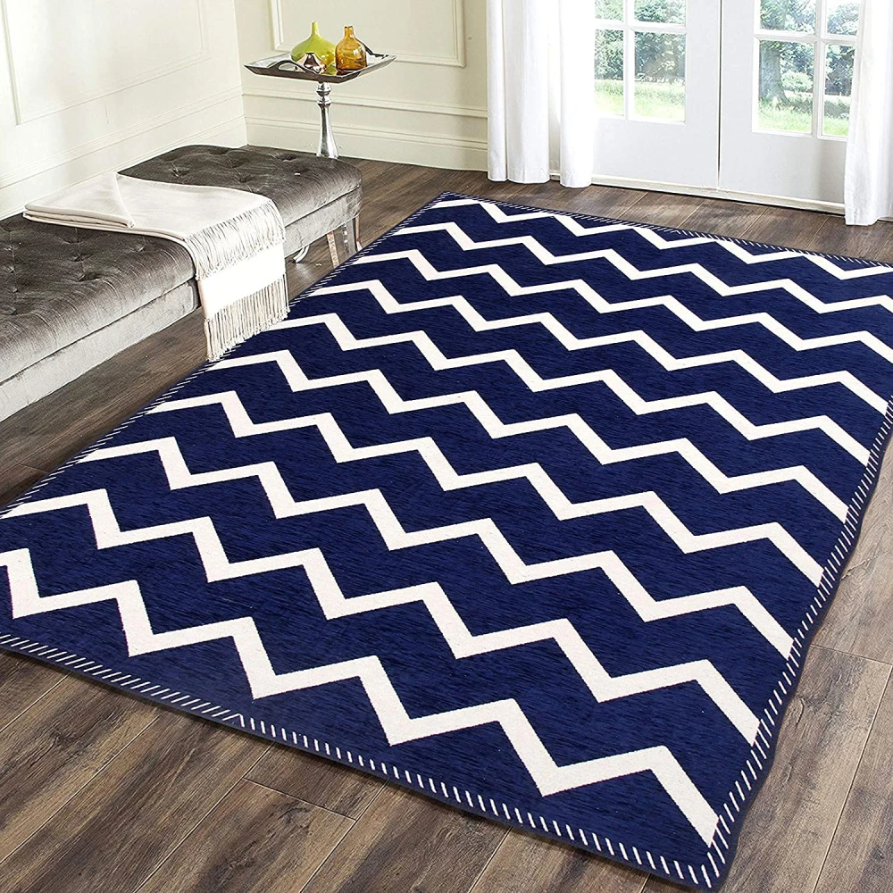 RADECOR Zig Zag Design Sleek and Spacious Rectangular Chenille Carpet with Binding | Area Rug | Durries for Living Room, Bedroom | 5X7 Feet (210 Cmx152 Cm) Navy Blue