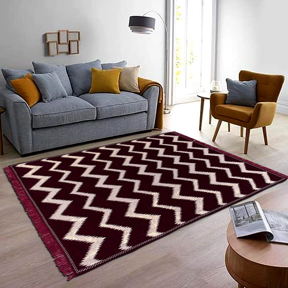 RADECOR Zig Zag Design Sleek and Spacious Rectangular Chenille Carpet with Binding | Area Rug | Durries for Living Room, Bedroom | 5X7 Feet (210 Cmx152 Cm) Maroon