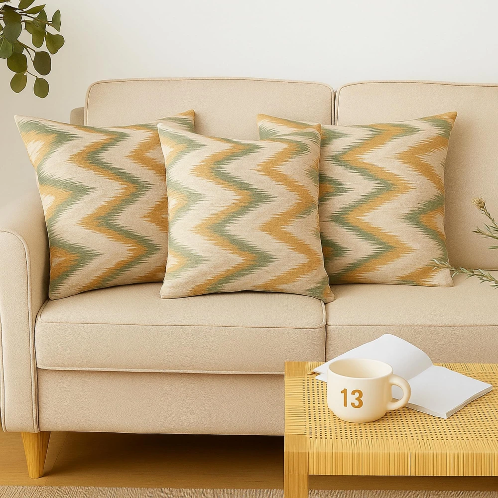 RADECOR Earth Tone Ikat Zigzag Pattern Cushion Cover Set of 3 | 16x16 Inche Square Covers | Premium Poly Spun Fabric | Hidden Zipper | Modern Decorative Cushion Covers for Sofa, Living Room & Bedroom
