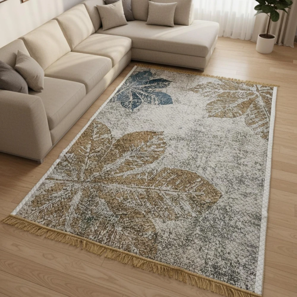 RADECOR Leaf Texture Printed Carpet | Modern Botanical Polyester Area Rug | Decorative Floor Carpet for Living Room & Bedroom