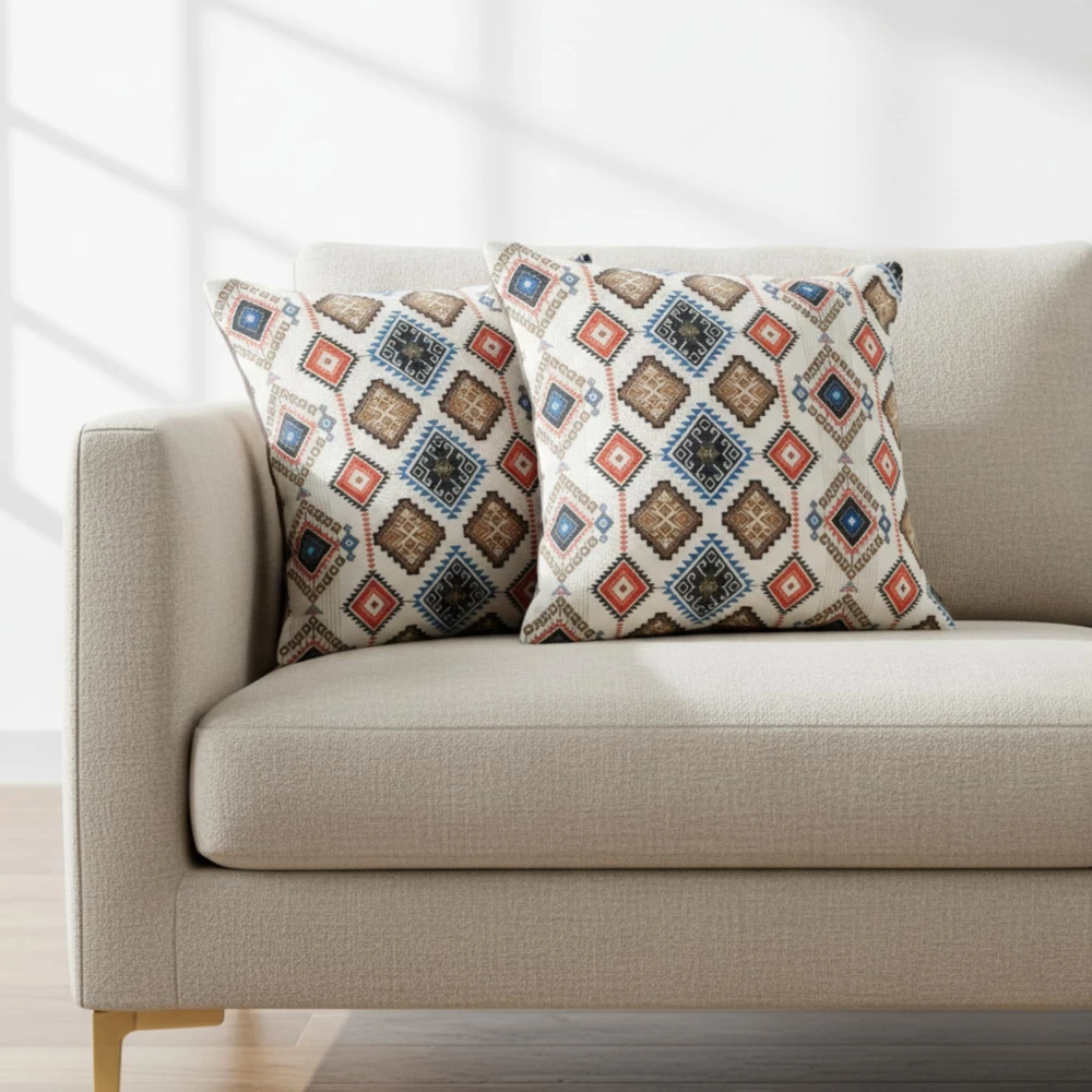 RADECOR Ethnic Geo Diamond Pattern Cushion Cover Set of 2 | 16x16 Inches Square Covers | Premium Poly Spun Fabric | Hidden Zipper | Modern Decorative Cushion Covers for Sofa, Living Room & Bedroom